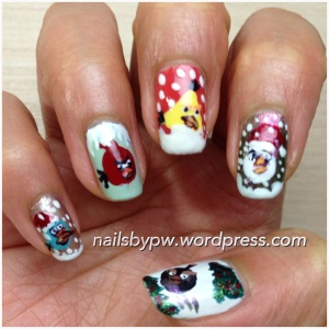Non Dominant Hand Nail Art: Angry Birds during Christmas